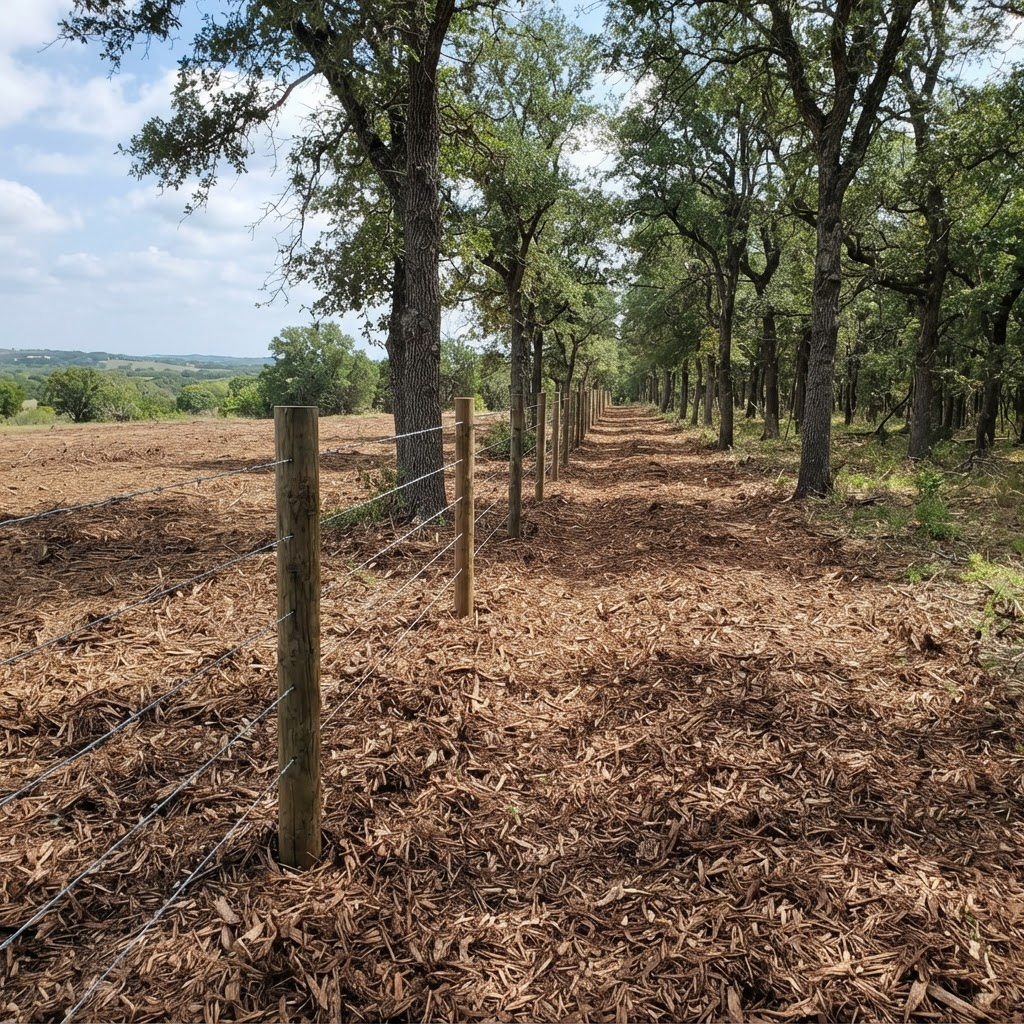 The same fence line after forestry mulching, cleared and covered in fresh brown mulch
