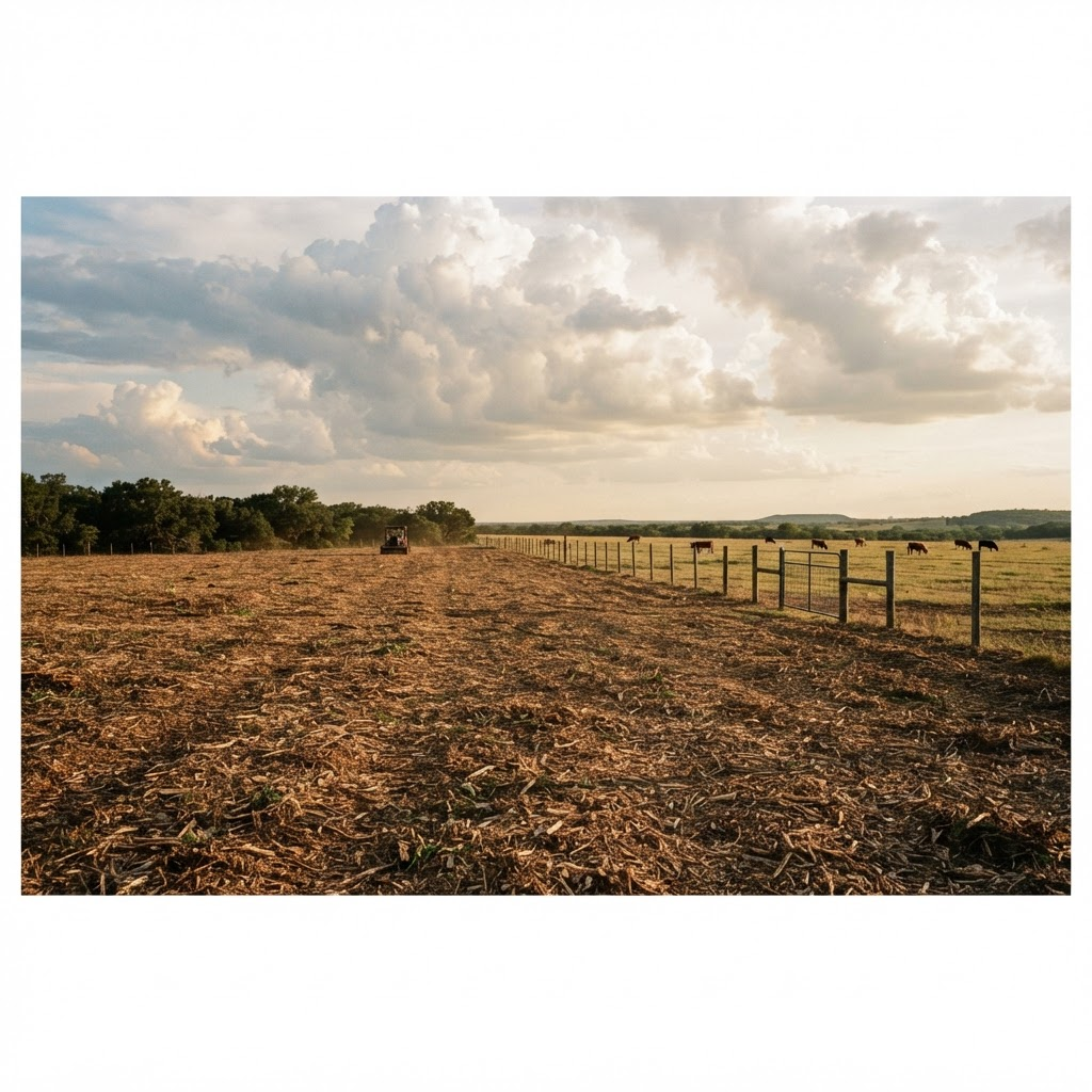 A reclaimed Texas back pasture after forestry mulching, open field ready for grazing