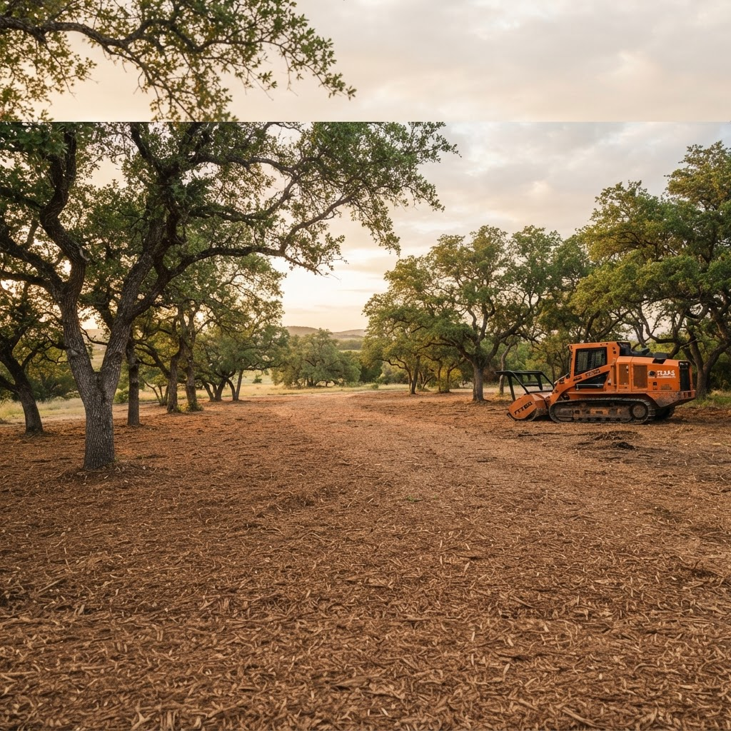 A cleanly forestry-mulched Texas property with fresh brown mulch and mature oak trees left standing